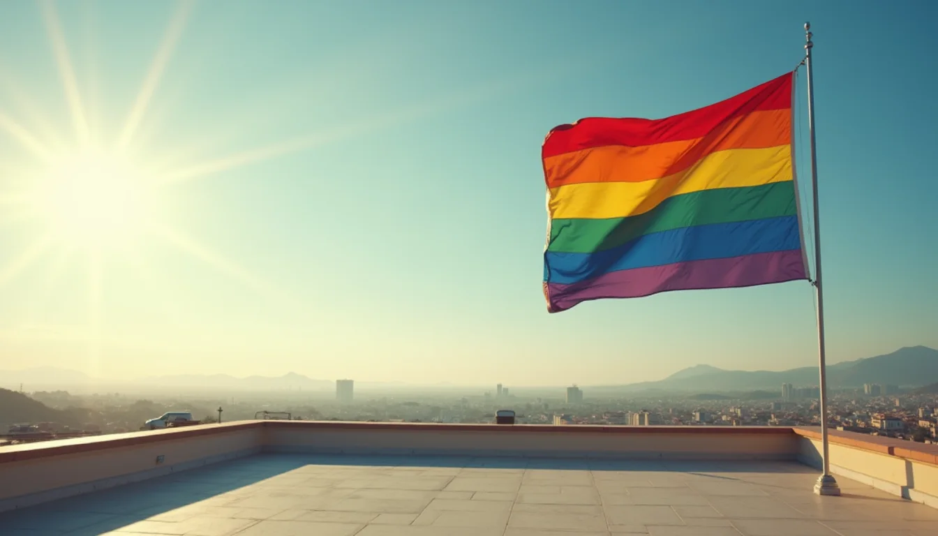grand drapeau arc-en-ciel flottant sur un toit dans le ciel matinal a Toulon