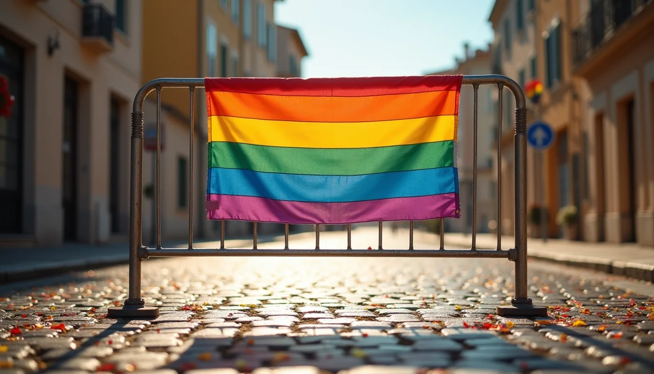 drapeau arc-en-ciel sur une barrière de parade, confettis au sol a Toulon