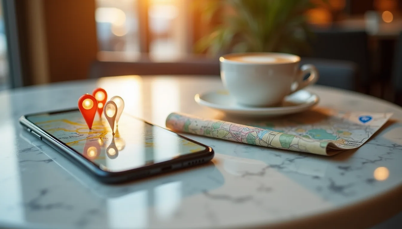smartphone aux épingles de carte sur une table de café ensoleillée a Toulon