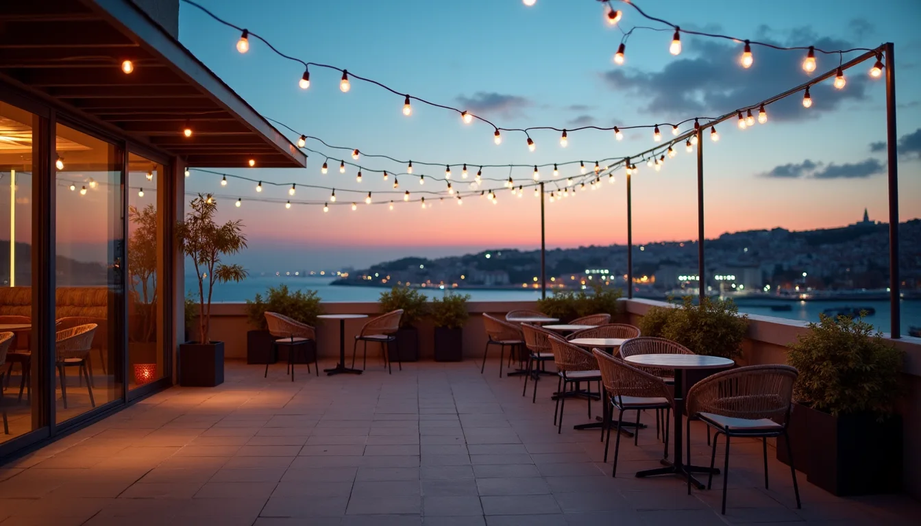 terrasse en rooftop au crépuscule, chaises bistrot et guirlandes face à la skyline a Toulon