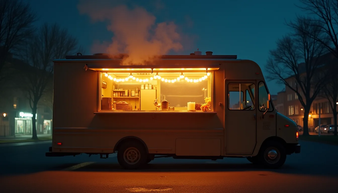 food truck la nuit, écoutille chaude et ampoules suspendues a Toulon