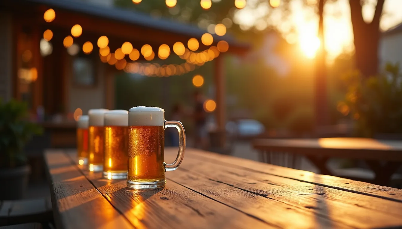 table de terrasse à bière, chopes vides et guirlandes dorées a Toulon