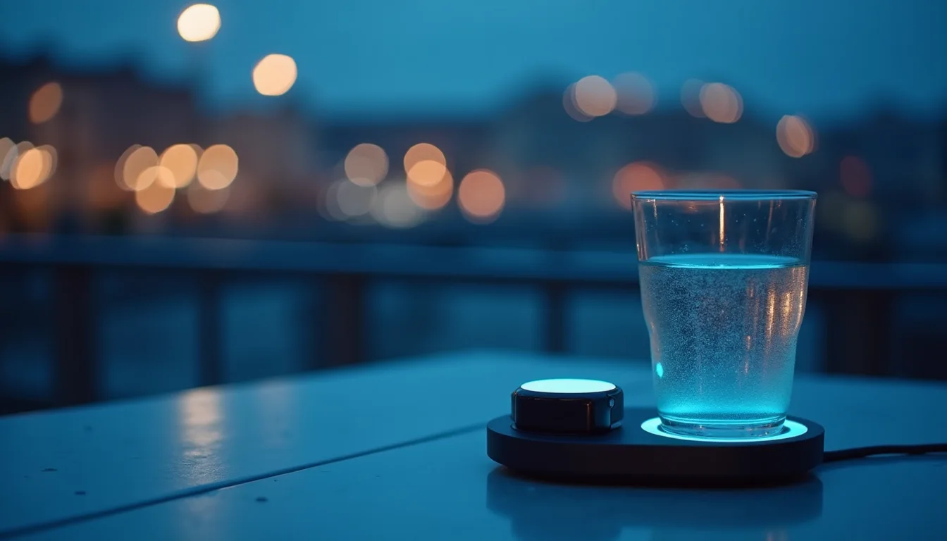 montre connectée sur son socle de charge près d'un verre d'eau, lumière bleutée a Toulon