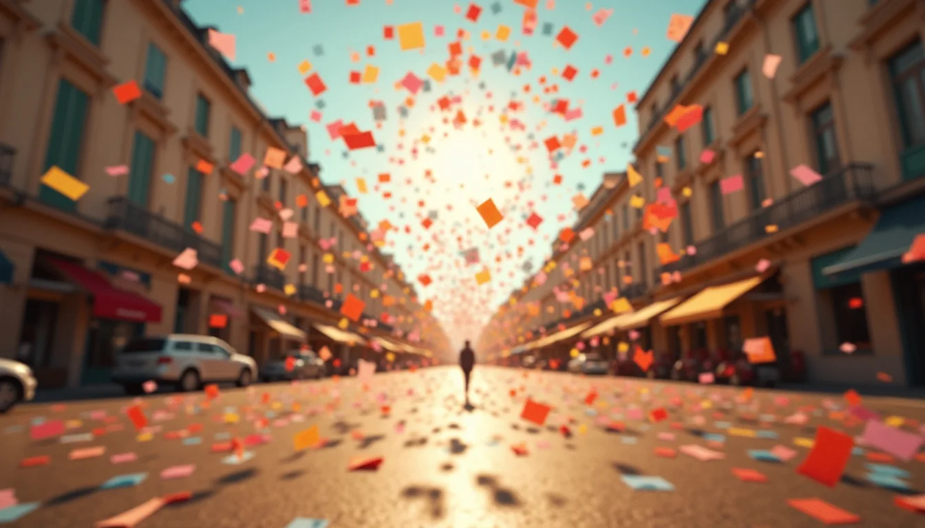 pluie de confettis multicolores en suspension au-dessus d'un boulevard ensoleille a Toulon