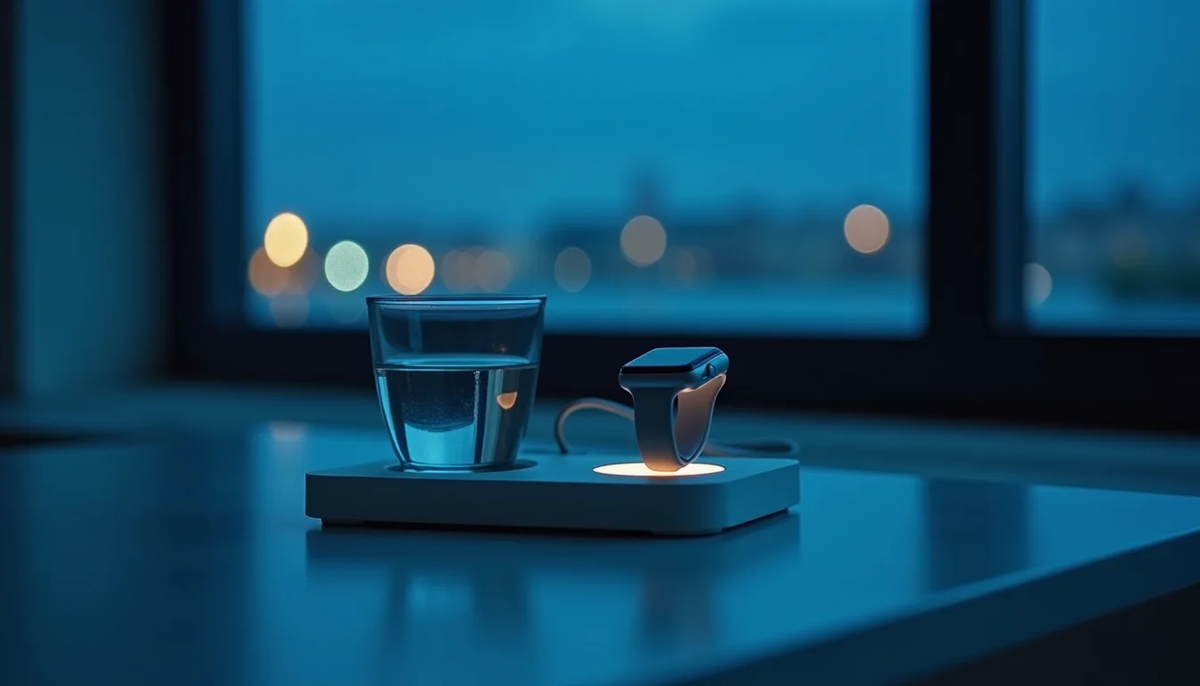 montre connectée sur son socle de charge près d'un verre d'eau, lumière bleutée a Toulon
