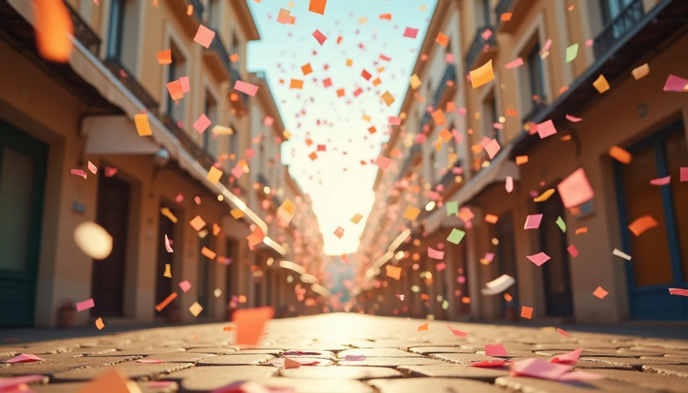 pluie de confettis multicolores en suspension au-dessus d'un boulevard ensoleille a Toulon