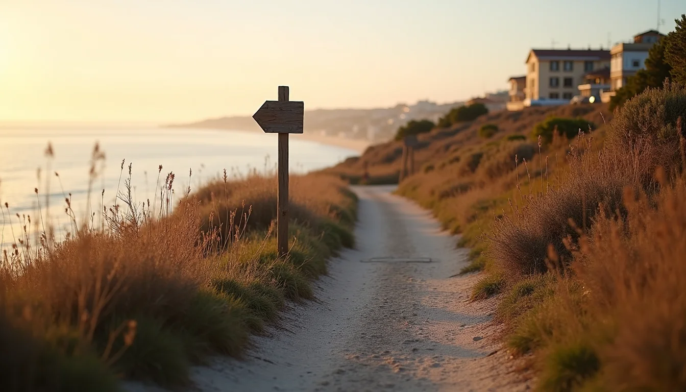 sentier côtier bordé d herbes folles, balise en bois au coucher du soleil a Toulon