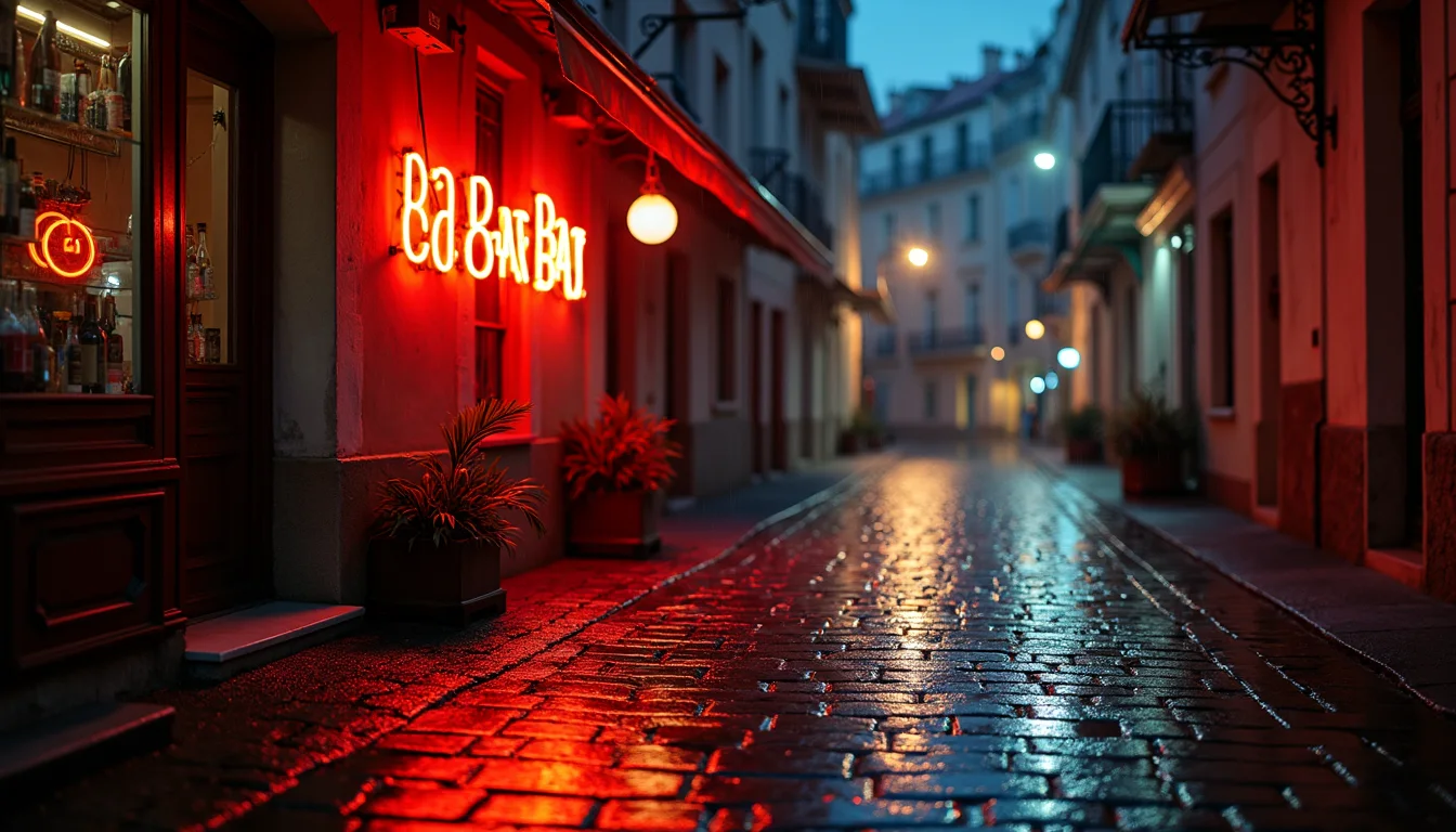enseigne lumineuse de bar reflétée sur une rue pavée mouillée la nuit a Toulon