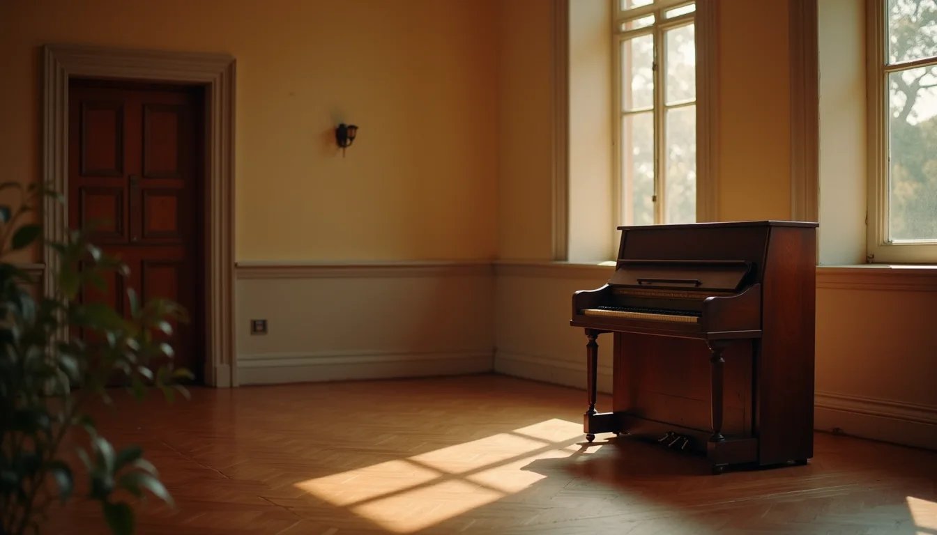 piano droit usé au clavier ouvert dans un coin de salle, lumière chaude tamisée a Toulon