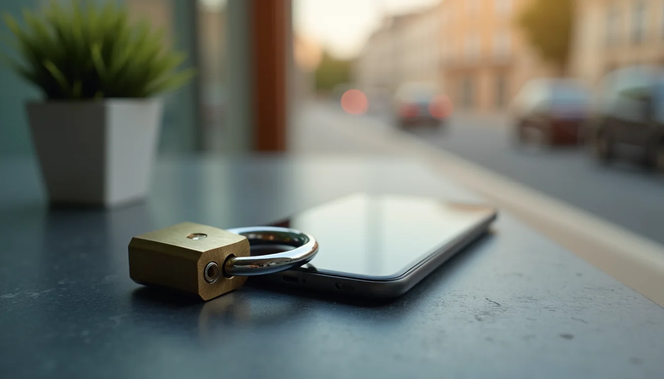 cadenas en acier brossé fermé sur un smartphone face cachée sur ardoise a Toulon