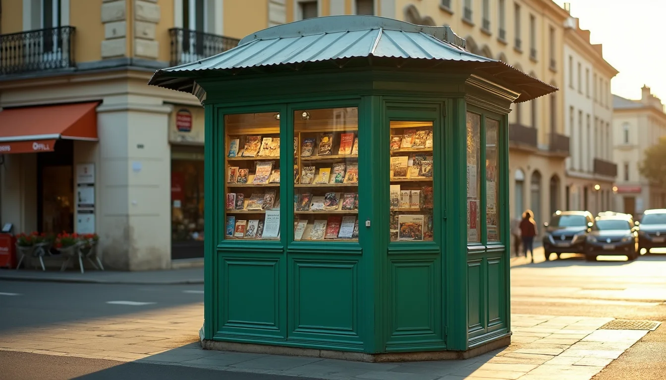 kiosque a journaux aux volets verts, lumiere du matin a Toulon