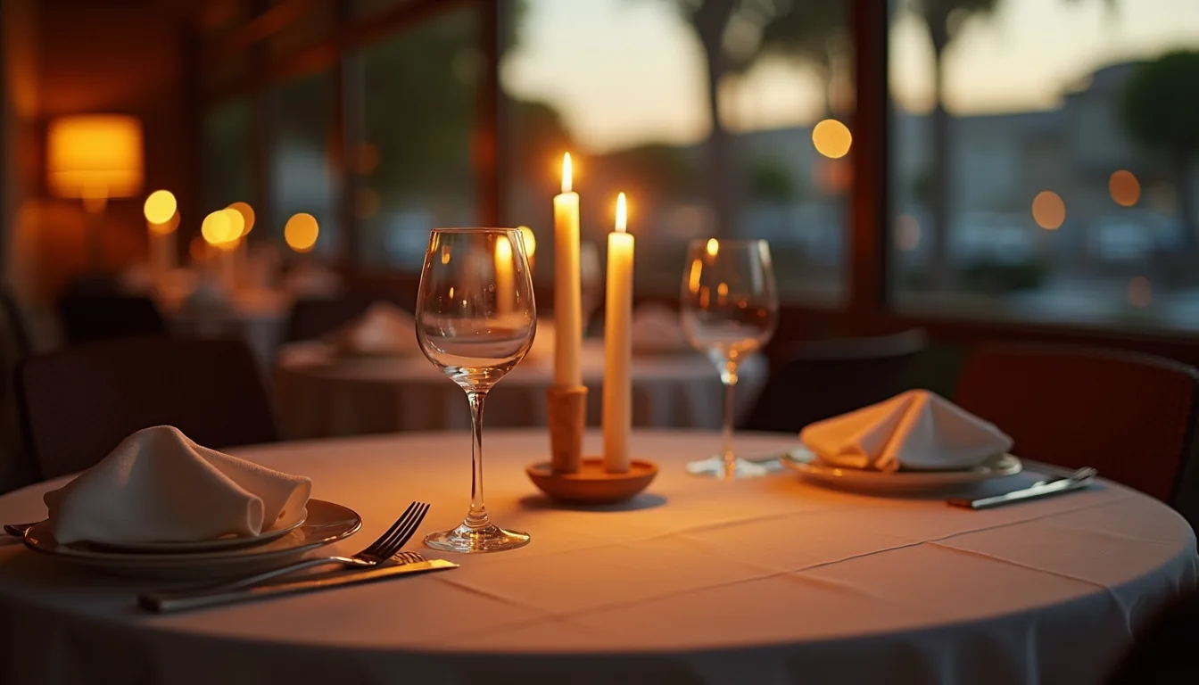 table de dîner aux chandelles dressée pour deux, lumière chaude du soir a Toulon