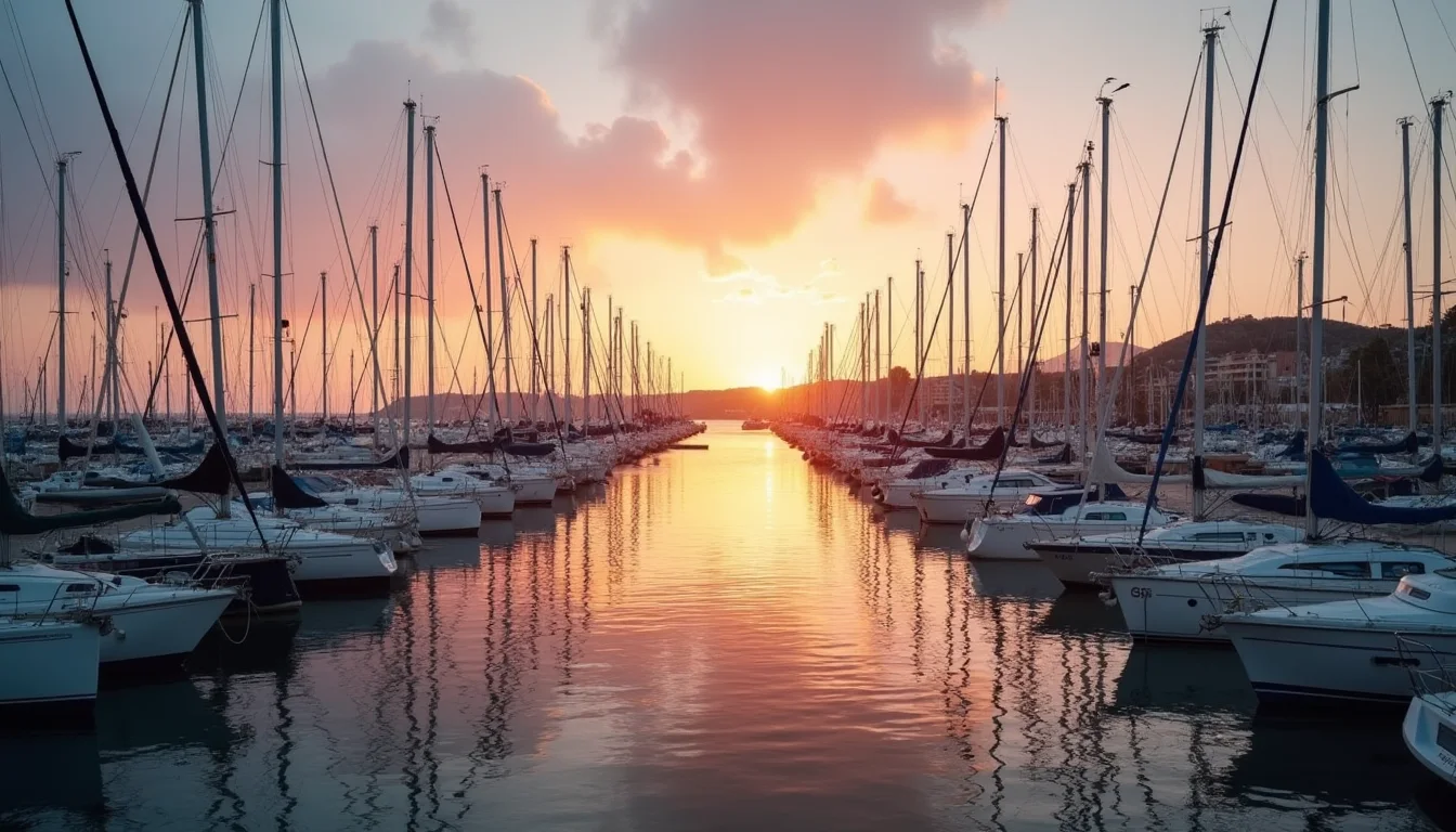 quai de port au crépuscule, voiliers amarrés et reflets sur l'eau calme a Toulon