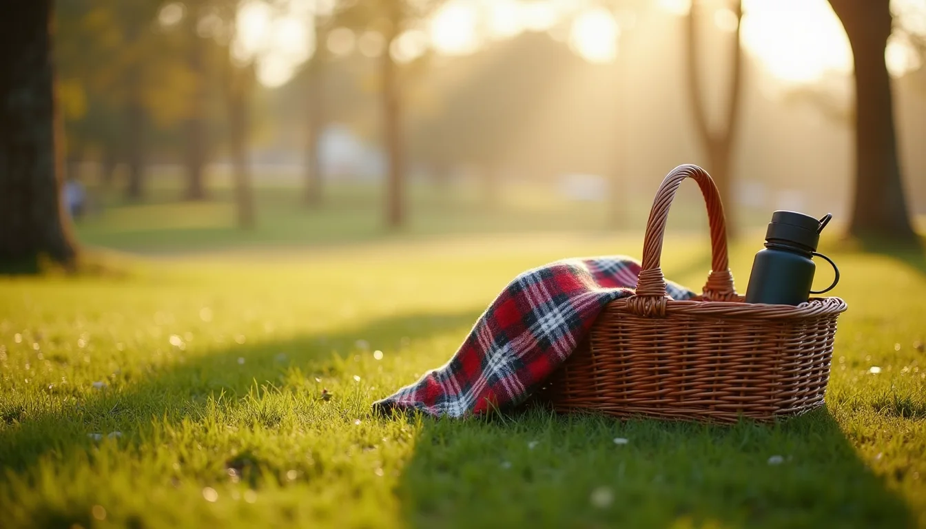 panier de pique-nique en osier et plaid sur l herbe d un parc a Toulon