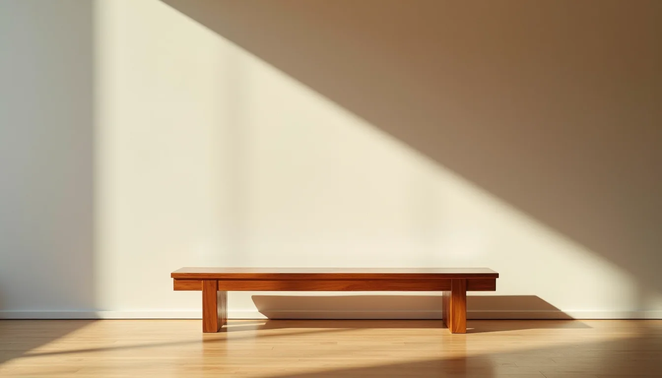 banc de musée en bois poli sous un mur de galerie doucement éclairé a Toulon