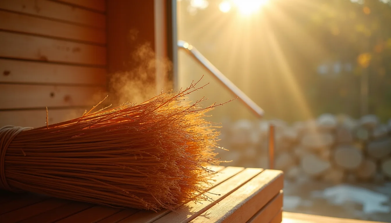 fagots de bouleau vihta sur un rebord de sauna, lueur doree a Toulon