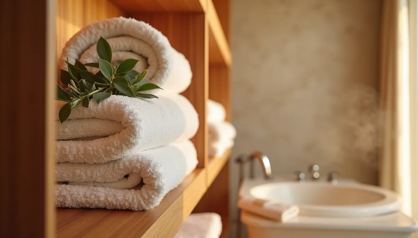 serviettes de spa empilées, eucalyptus et deux peignoirs sur une étagère a Toulon