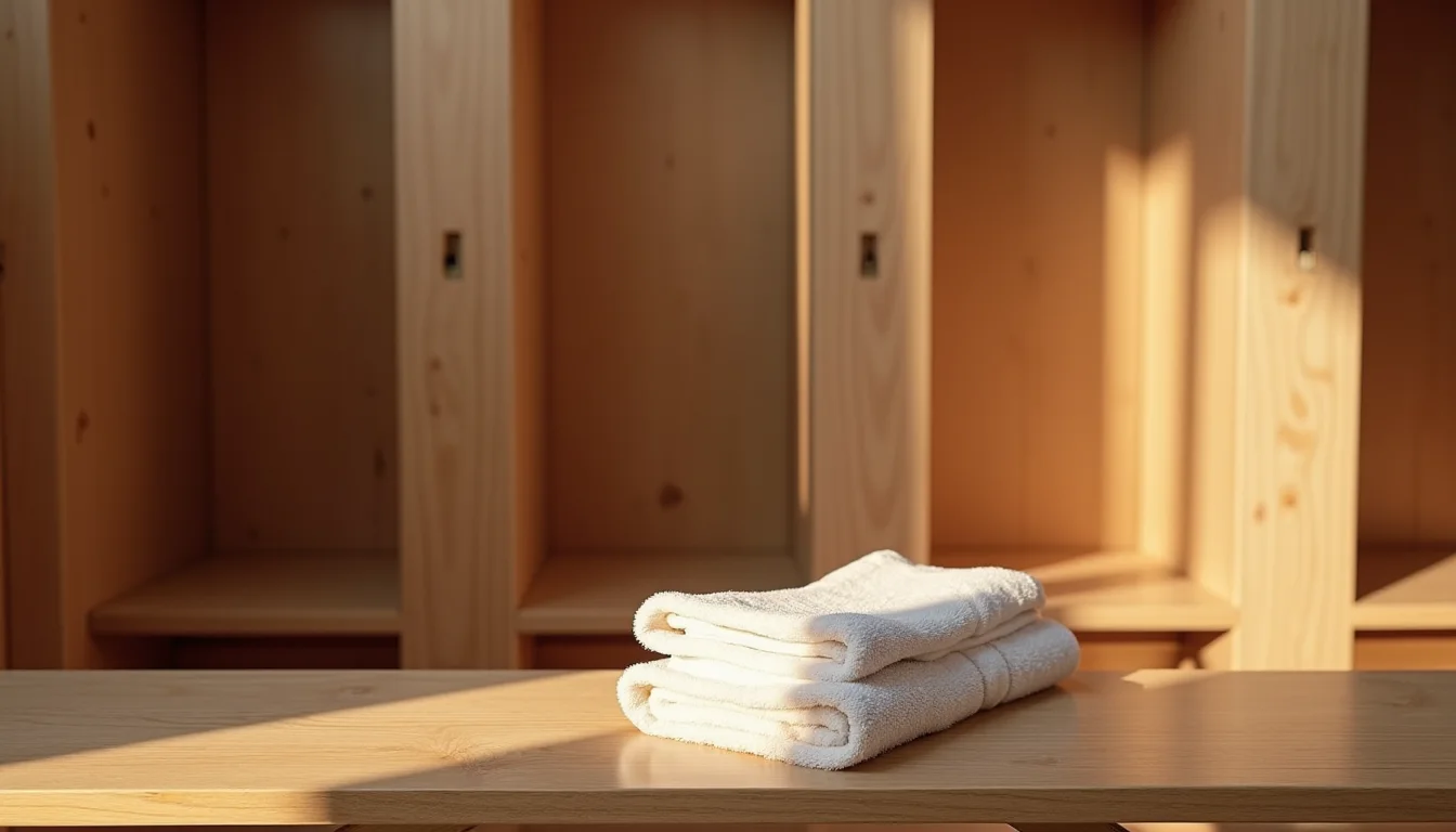 banc de vestiaire en bois avec serviette pliée et casier ouvert vide a Toulon