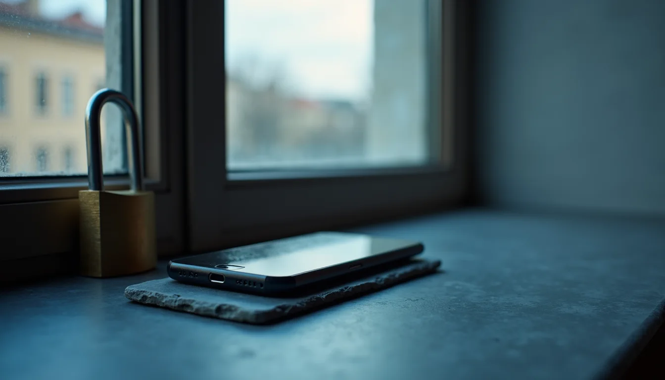 cadenas en laiton posé sur un smartphone, lumière bleue du matin a Toulon