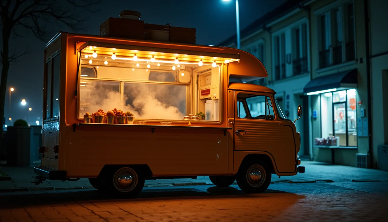 food truck la nuit, écoutille chaude et ampoules suspendues a Toulon