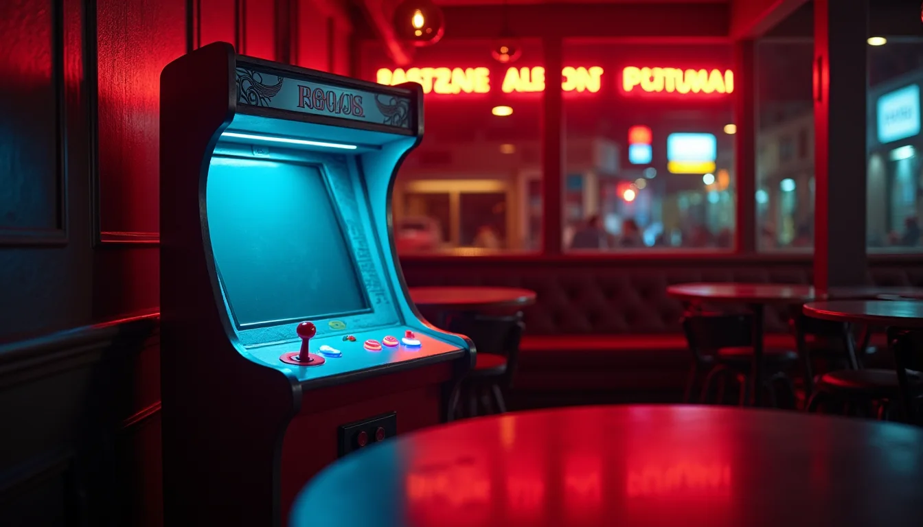 borne d'arcade lumineuse dans un coin de bar, boutons bleu et rouge a Toulon
