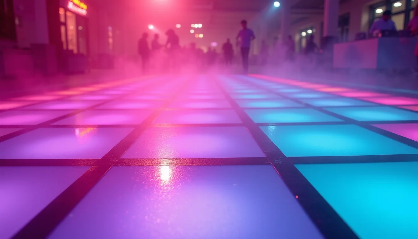 piste de danse au néon, carrés réfléchissants magenta et cyan a Toulon