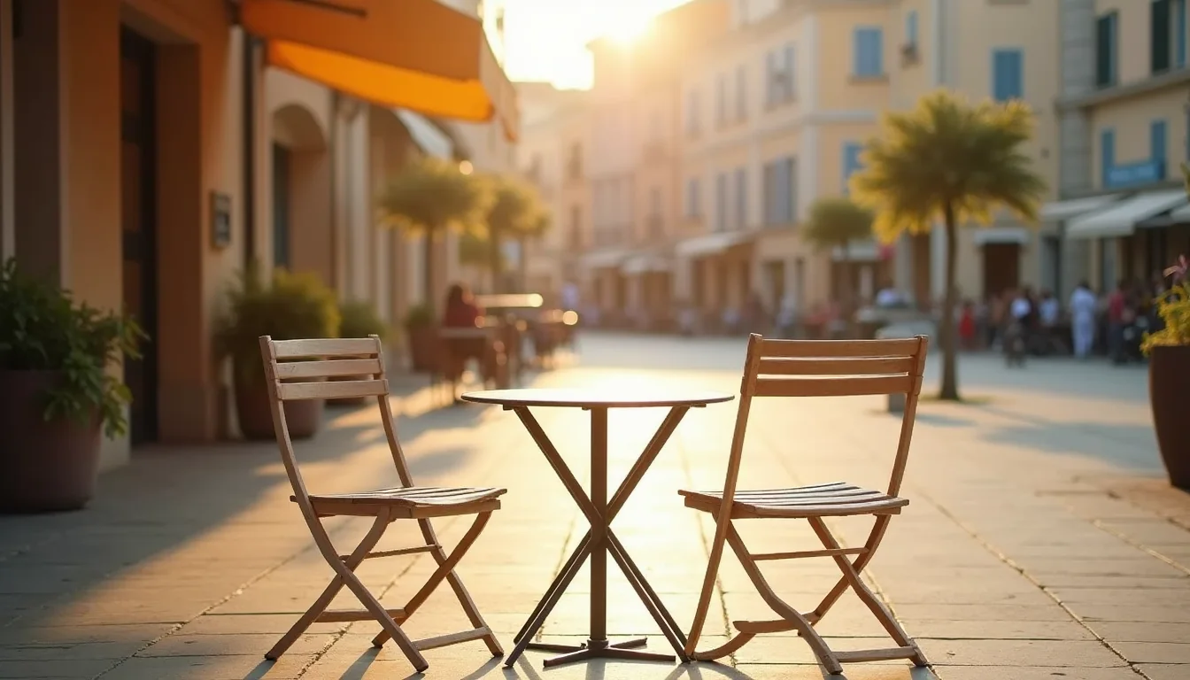 table de bistrot pour deux près d'une place ensoleillée, deux chaises vides a Toulon